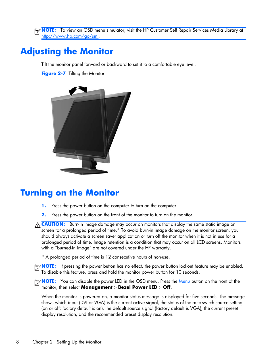 Adjusting the monitor, Turning on the monitor, Adjusting the monitor turning on the monitor | HP ProDisplay P201 20-inch LED Backlit Monitor User Manual | Page 14 / 23
