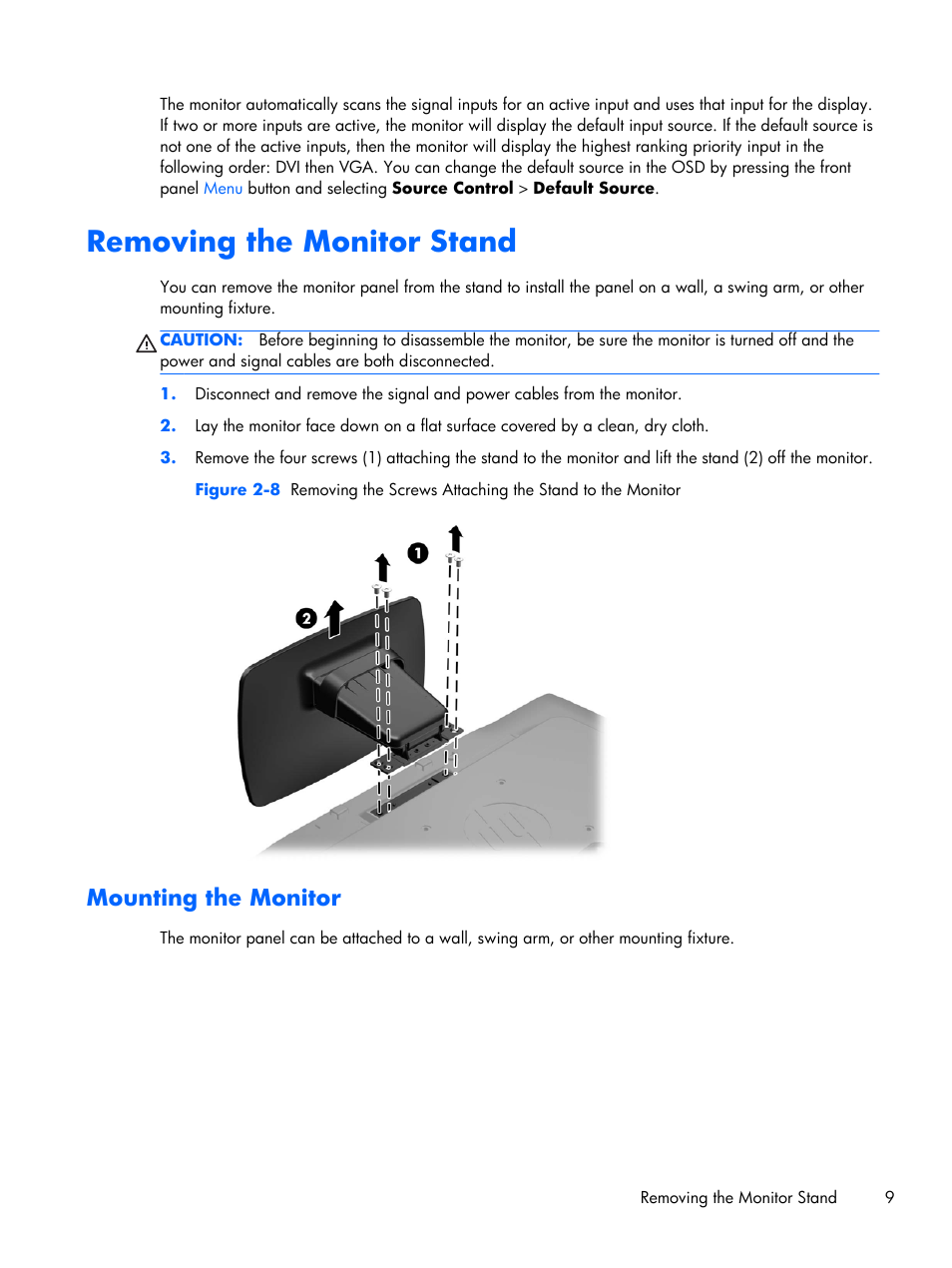 Removing the monitor stand, Mounting the monitor | HP ProDisplay P201 20-inch LED Backlit Monitor User Manual | Page 15 / 23