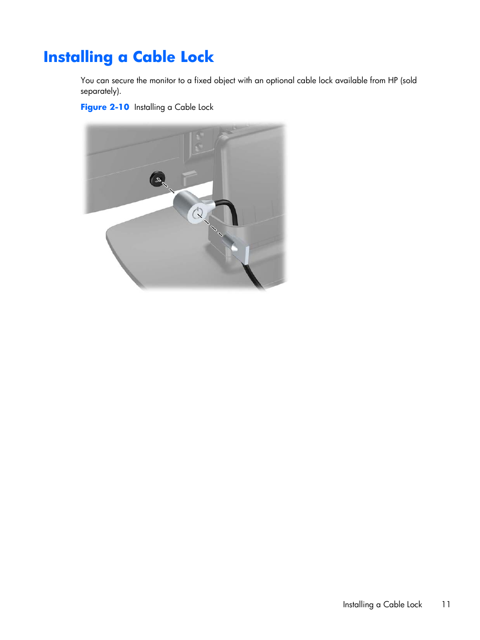 Installing a cable lock | HP ProDisplay P201 20-inch LED Backlit Monitor User Manual | Page 17 / 23