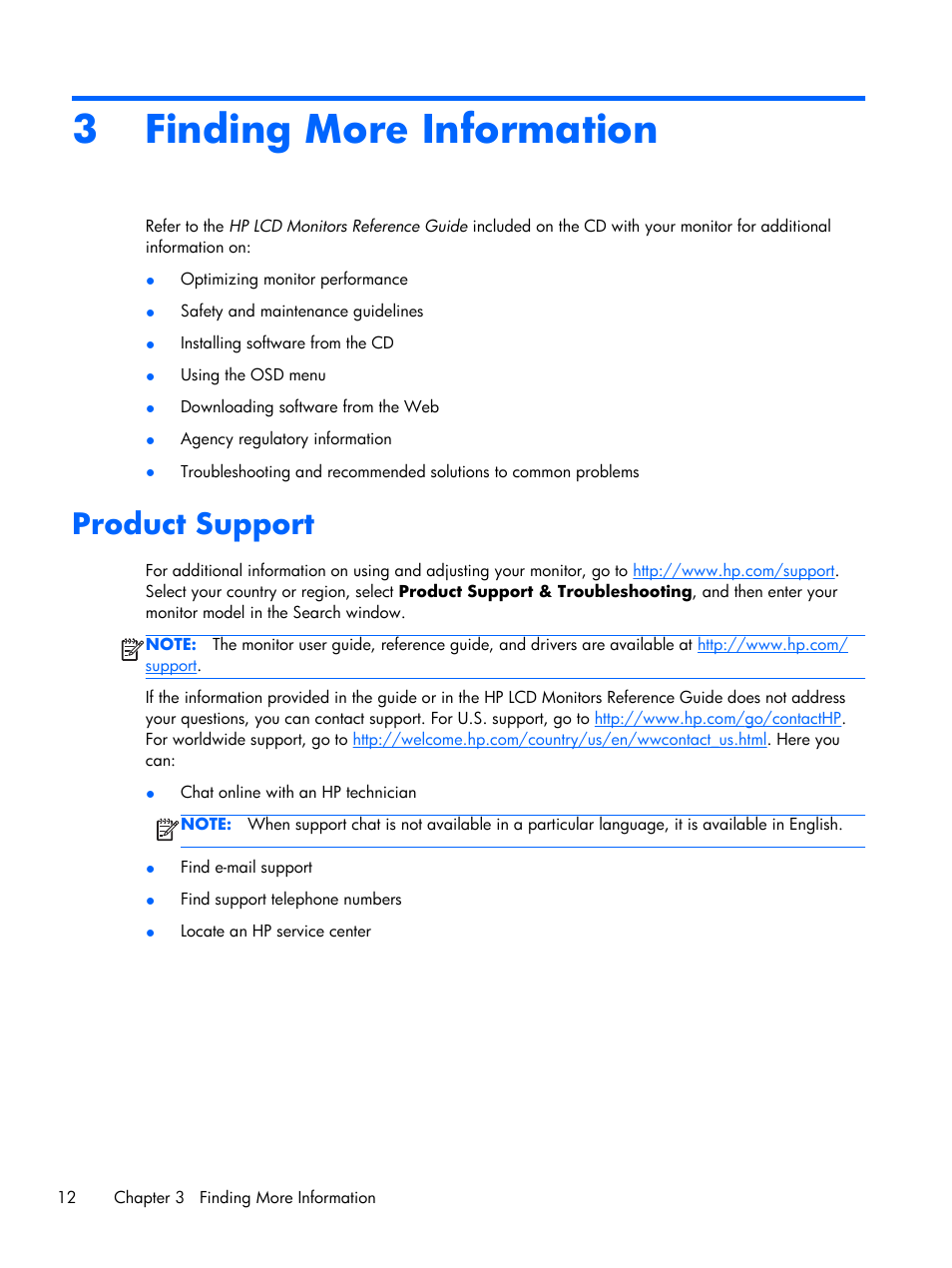 Finding more information, Product support, 3 finding more information | HP ProDisplay P201 20-inch LED Backlit Monitor User Manual | Page 18 / 23