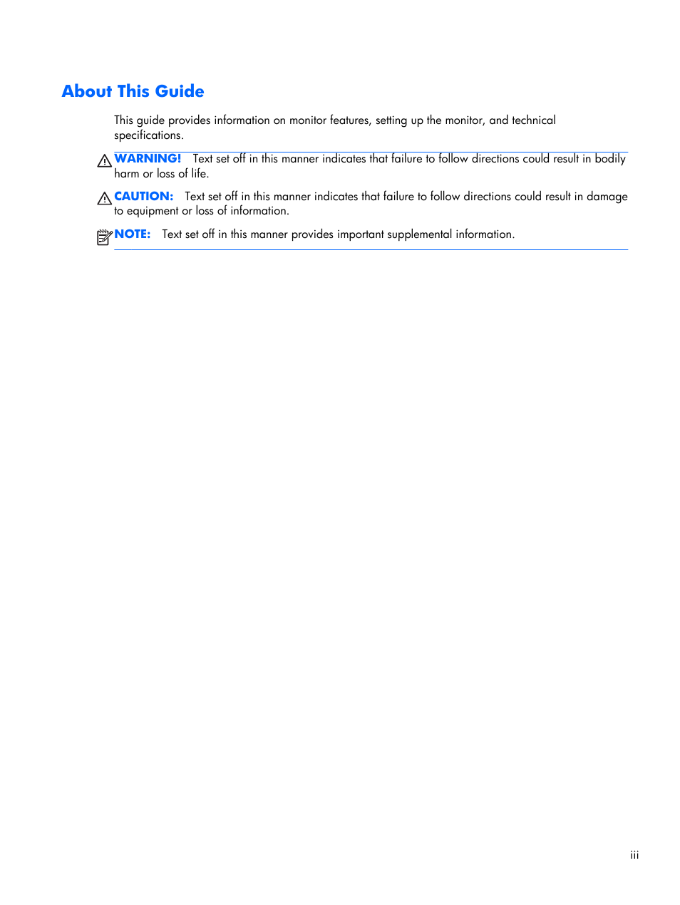 About this guide | HP ProDisplay P201 20-inch LED Backlit Monitor User Manual | Page 3 / 23