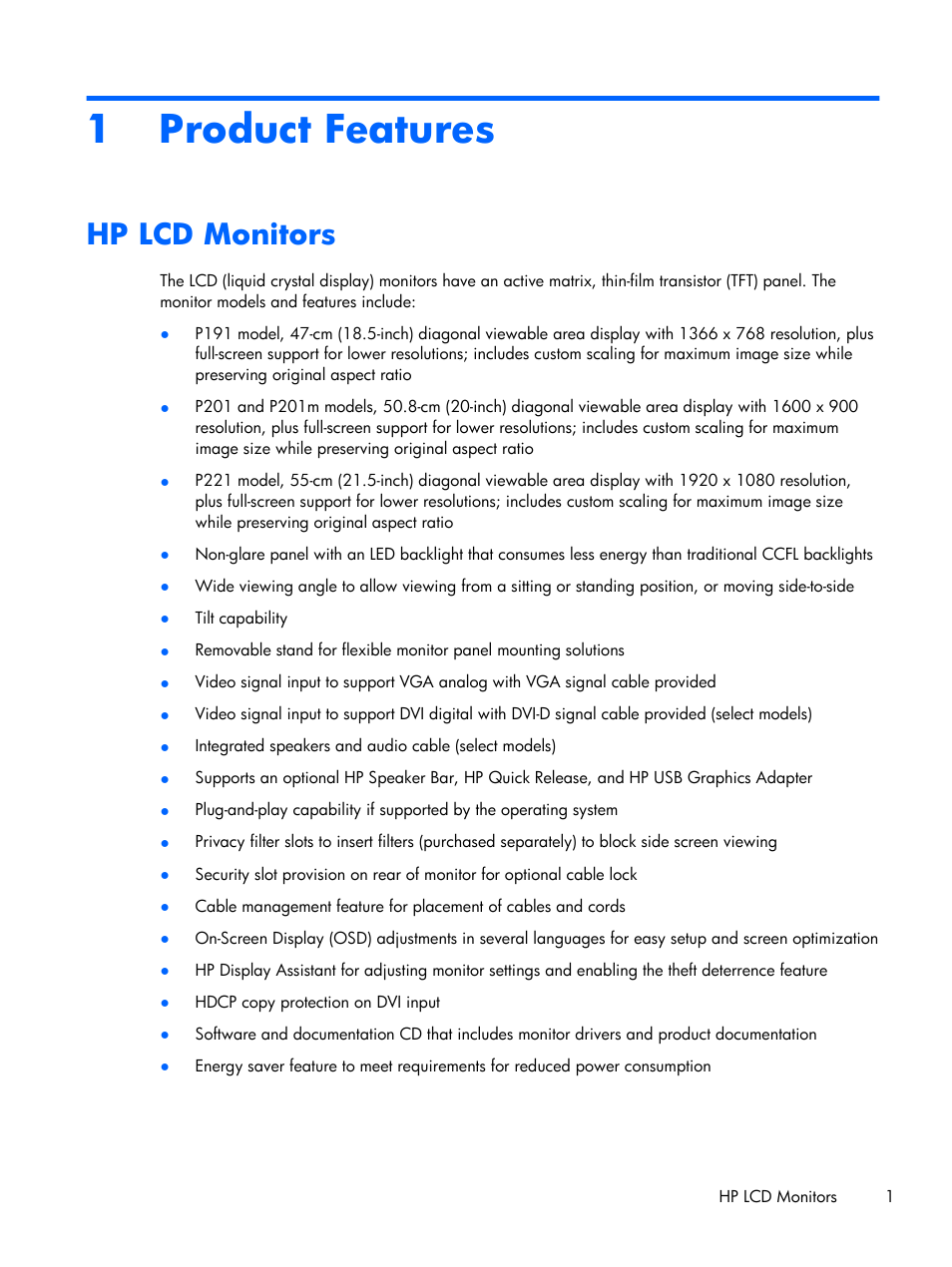 Product features, Hp lcd monitors, 1 product features | HP ProDisplay P201 20-inch LED Backlit Monitor User Manual | Page 7 / 23
