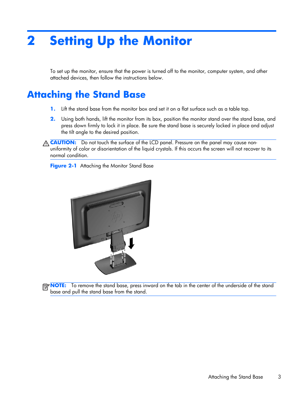 Setting up the monitor, Attaching the stand base, 2 setting up the monitor | HP ProDisplay P201 20-inch LED Backlit Monitor User Manual | Page 9 / 23