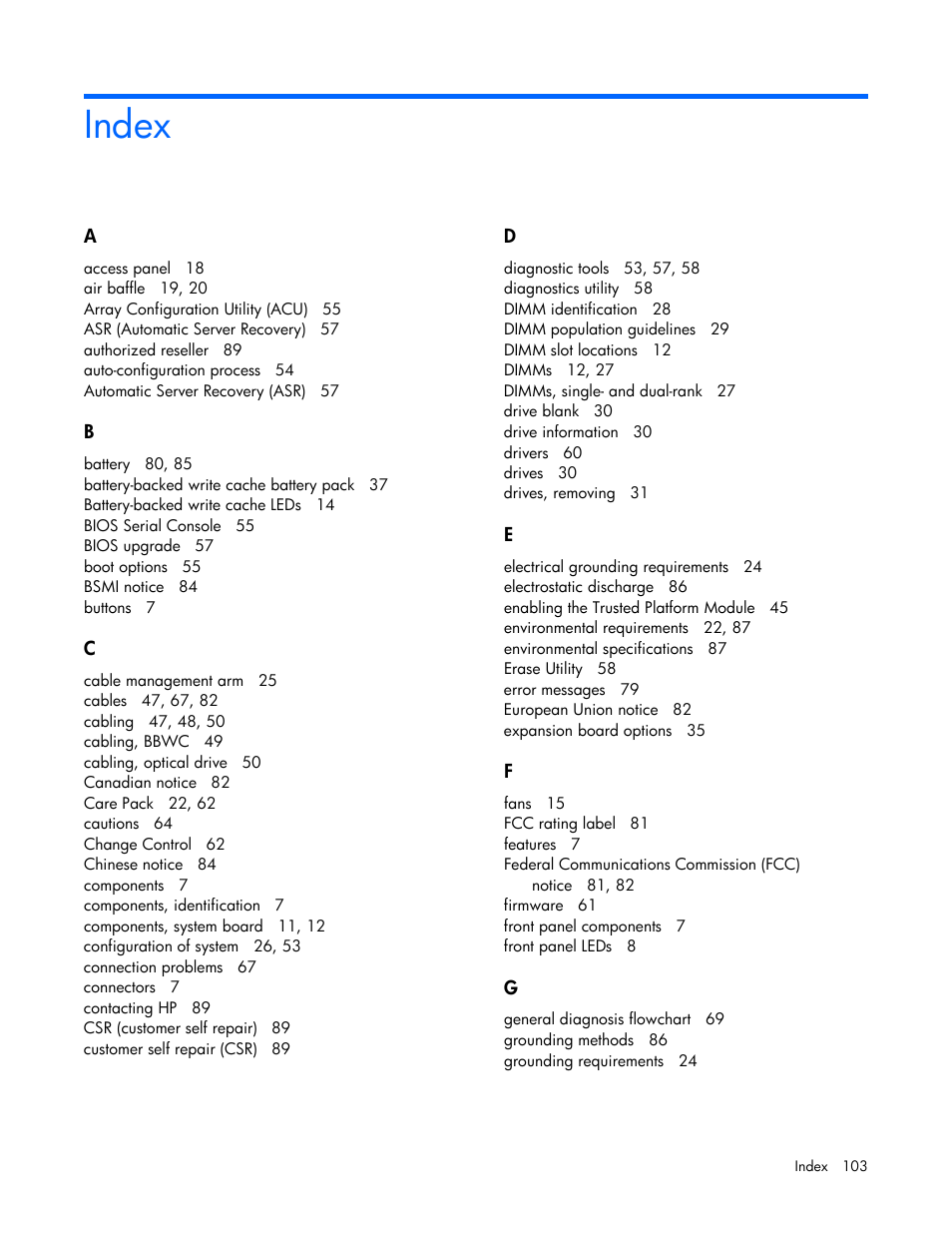 Index | HP ProLiant DL120 G7 Server User Manual | Page 103 / 105