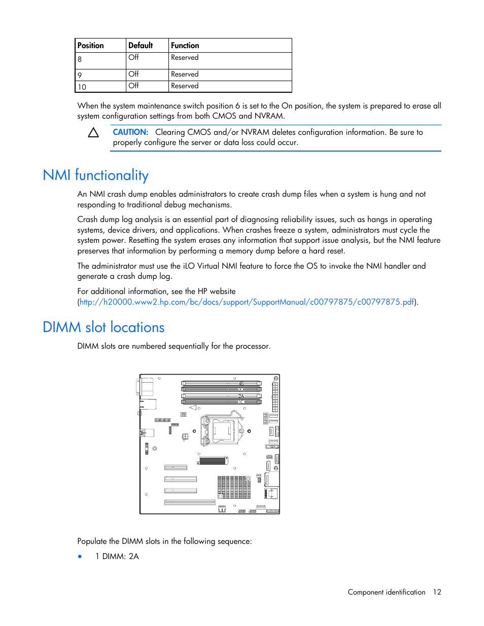 Nmi functionality, Dimm slot locations | HP ProLiant DL120 G7 Server User Manual | Page 12 / 105