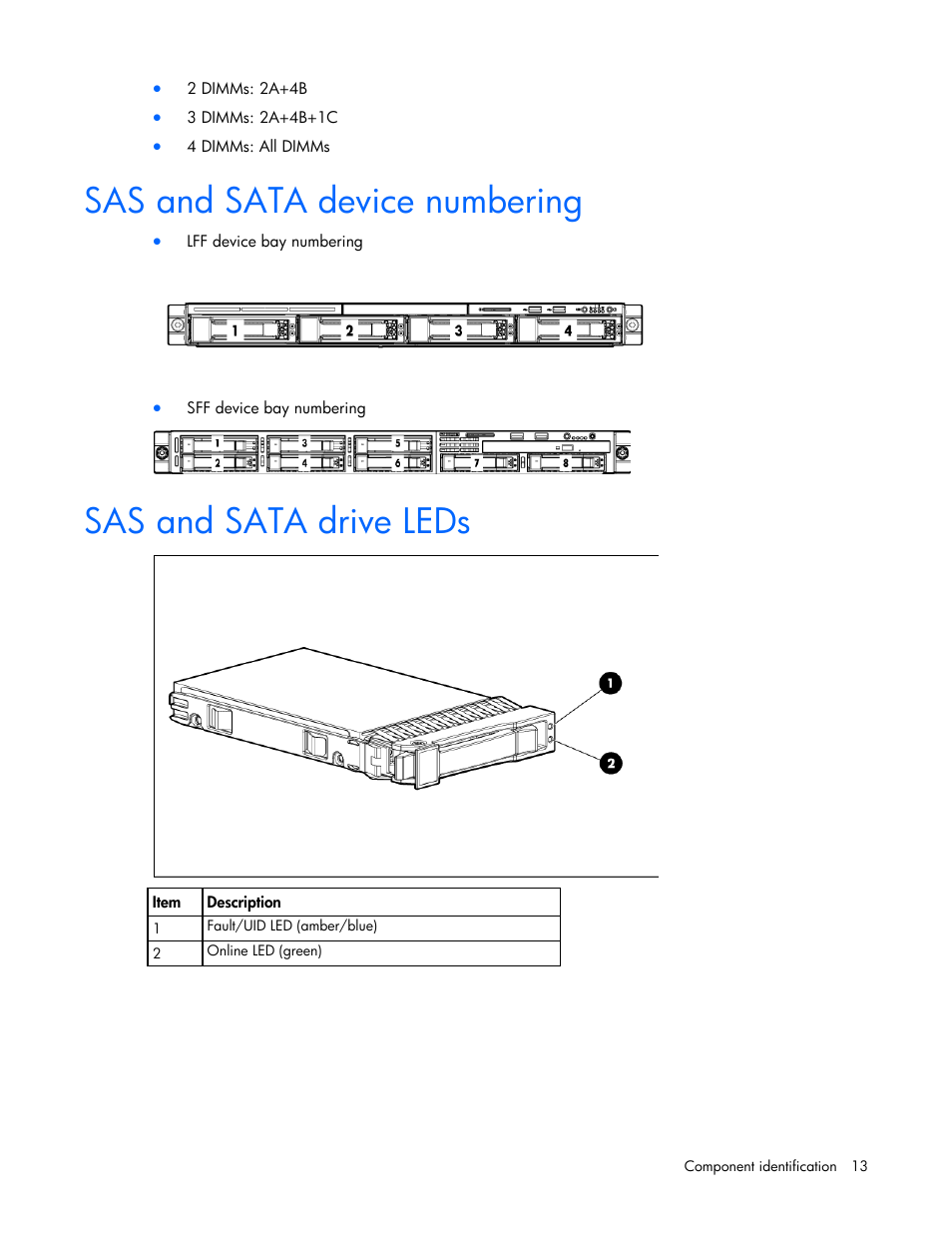 Sas and sata device numbering, Sas and sata drive leds | HP ProLiant DL120 G7 Server User Manual | Page 13 / 105