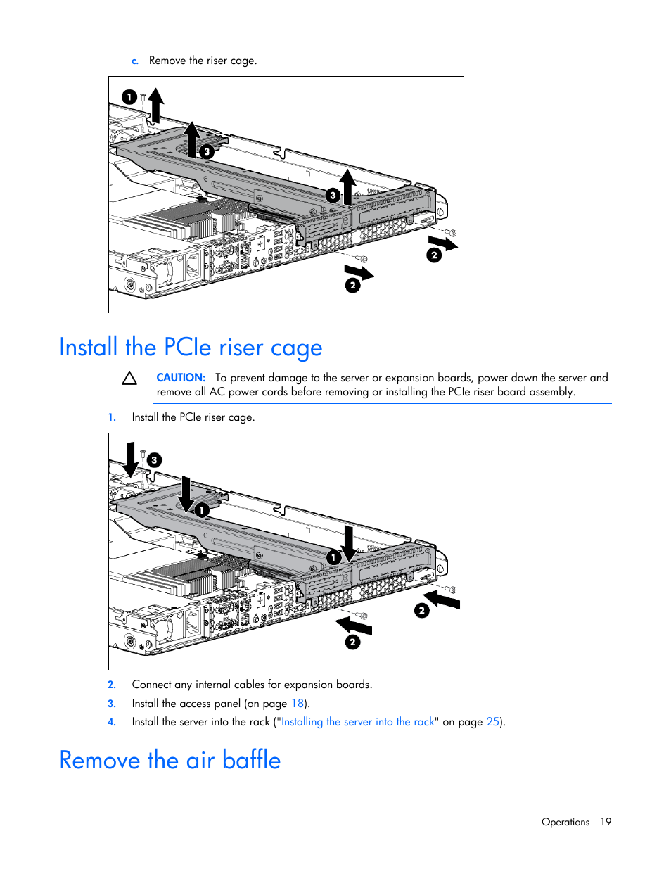 Install the pcie riser cage, Remove the air baffle | HP ProLiant DL120 G7 Server User Manual | Page 19 / 105