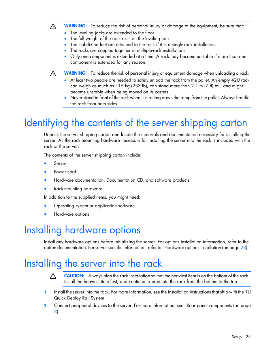 Installing hardware options, Installing the server into the rack | HP ProLiant DL120 G7 Server User Manual | Page 25 / 105