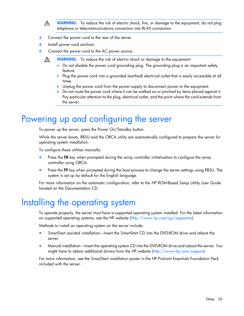 Powering up and configuring the server, Installing the operating system | HP ProLiant DL120 G7 Server User Manual | Page 26 / 105