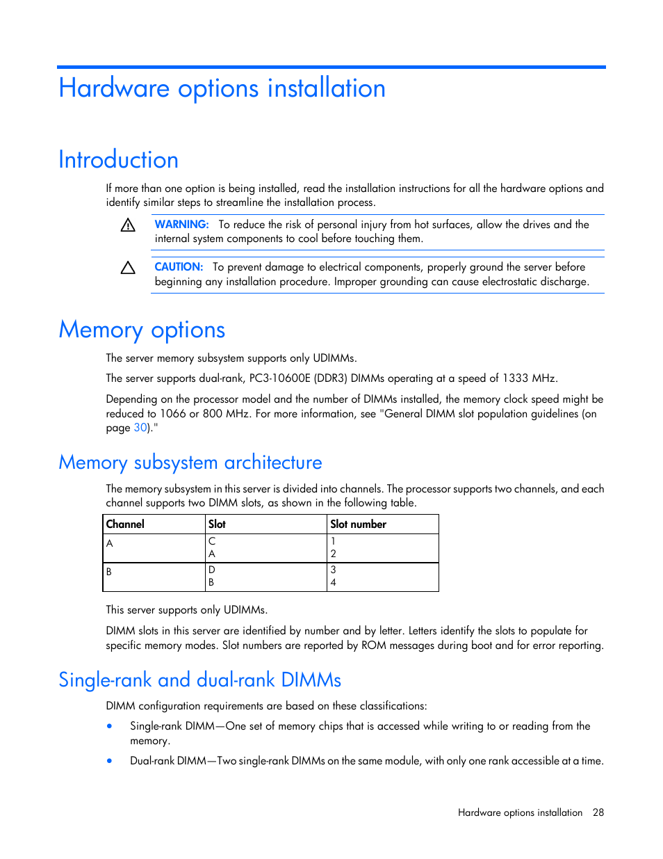 Hardware options installation, Introduction, Memory options | Memory subsystem architecture, Single-rank and dual-rank dimms | HP ProLiant DL120 G7 Server User Manual | Page 28 / 105