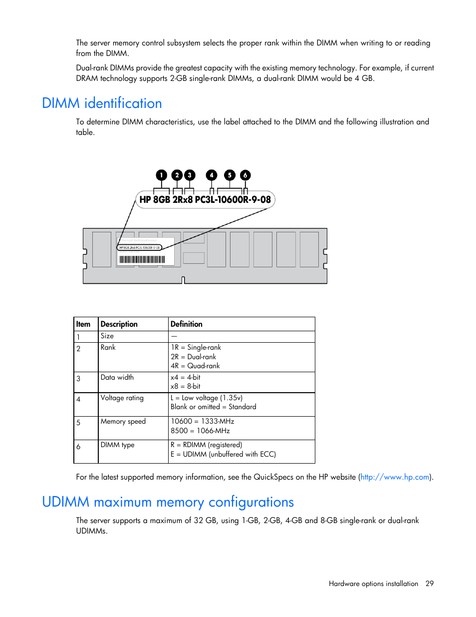 Dimm identification, Udimm maximum memory configurations | HP ProLiant DL120 G7 Server User Manual | Page 29 / 105