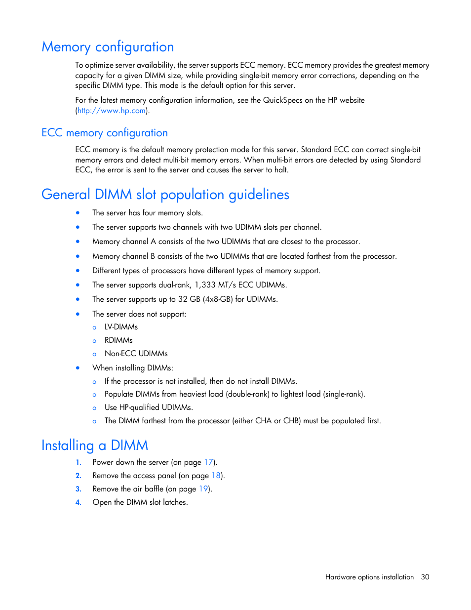 Memory configuration, Ecc memory configuration, General dimm slot population guidelines | Installing a dimm | HP ProLiant DL120 G7 Server User Manual | Page 30 / 105