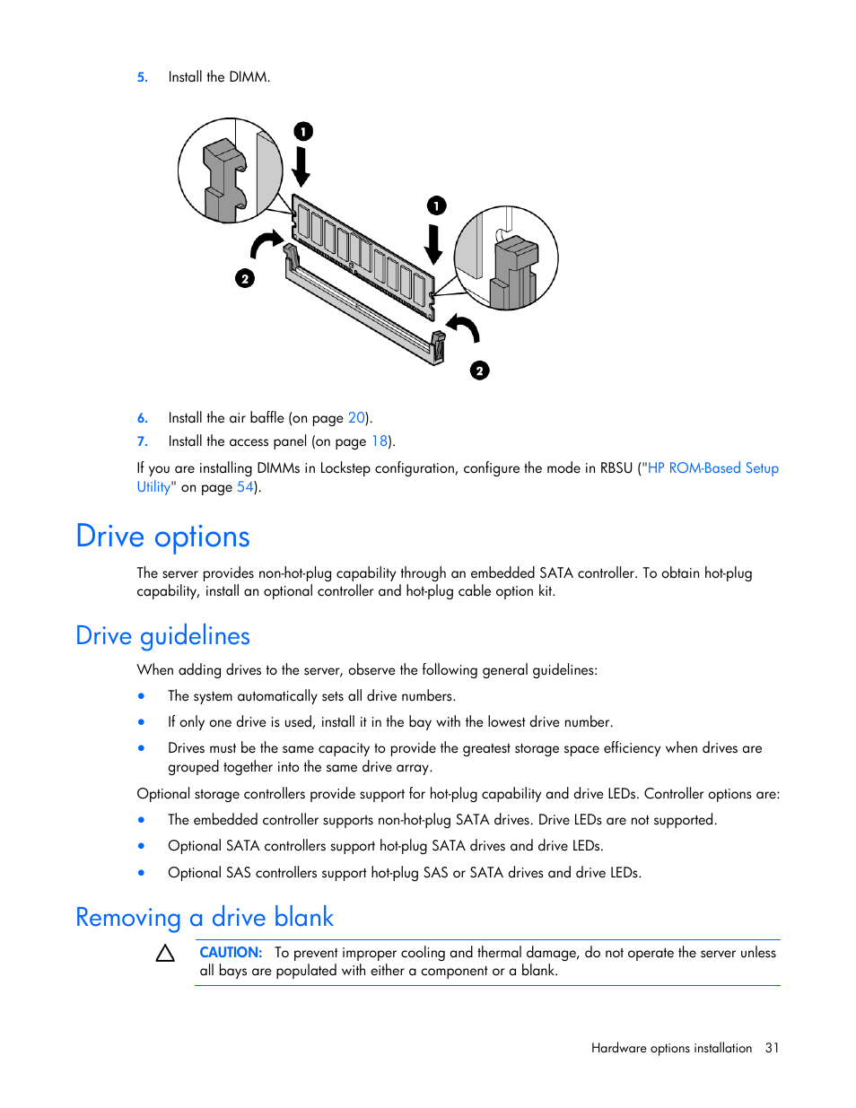 Drive options, Drive guidelines, Removing a drive blank | HP ProLiant DL120 G7 Server User Manual | Page 31 / 105