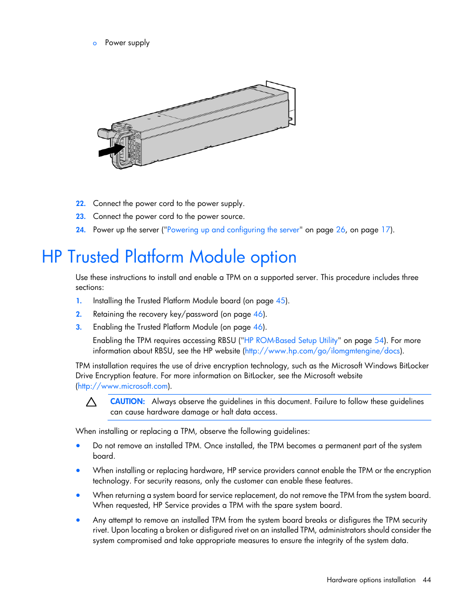 Hp trusted platform module option | HP ProLiant DL120 G7 Server User Manual | Page 44 / 105