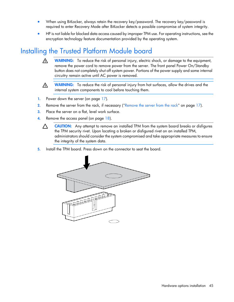 Installing the trusted platform module board | HP ProLiant DL120 G7 Server User Manual | Page 45 / 105