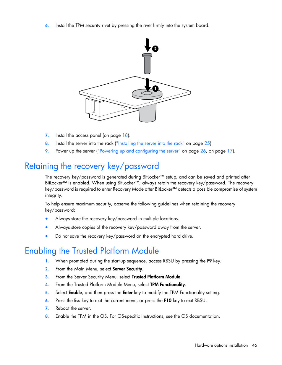 Retaining the recovery key/password, Enabling the trusted platform module | HP ProLiant DL120 G7 Server User Manual | Page 46 / 105