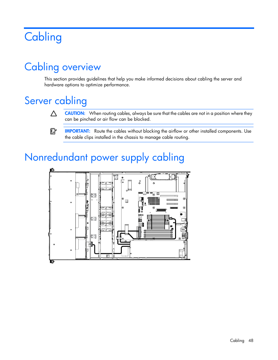 Cabling, Cabling overview, Server cabling | Nonredundant power supply cabling | HP ProLiant DL120 G7 Server User Manual | Page 48 / 105