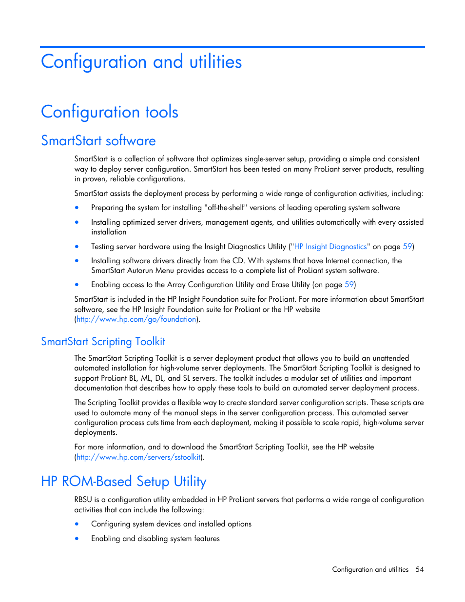 Configuration and utilities, Configuration tools, Smartstart software | Smartstart scripting toolkit, Hp rom-based setup utility, Hp rom-based setup, Utility | HP ProLiant DL120 G7 Server User Manual | Page 54 / 105