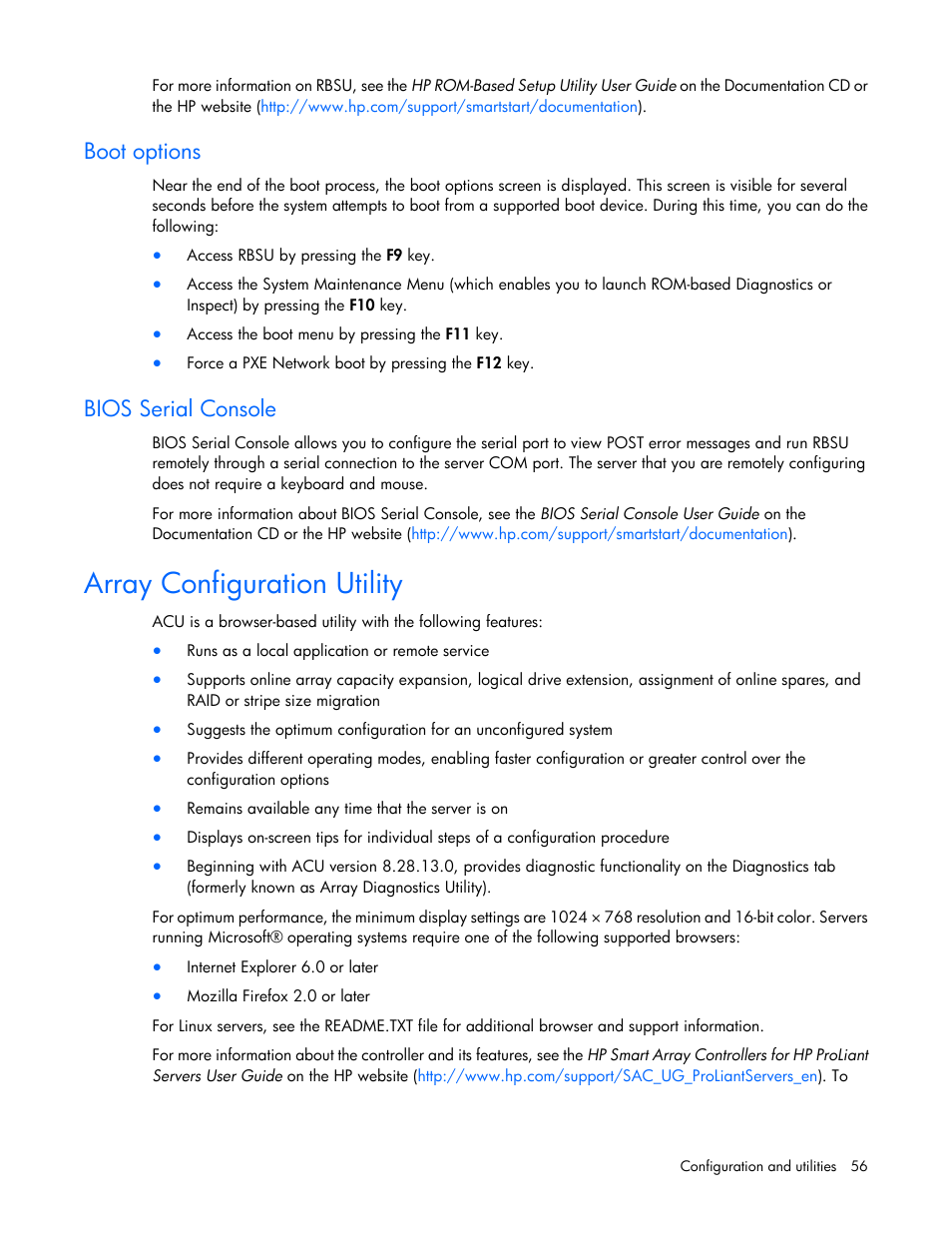 Boot options, Bios serial console, Array configuration utility | HP ProLiant DL120 G7 Server User Manual | Page 56 / 105