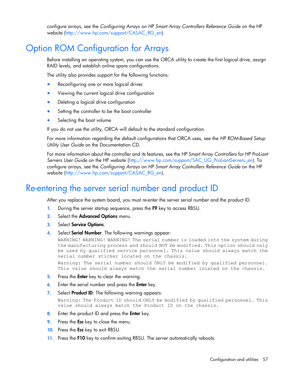 Option rom configuration for arrays | HP ProLiant DL120 G7 Server User Manual | Page 57 / 105