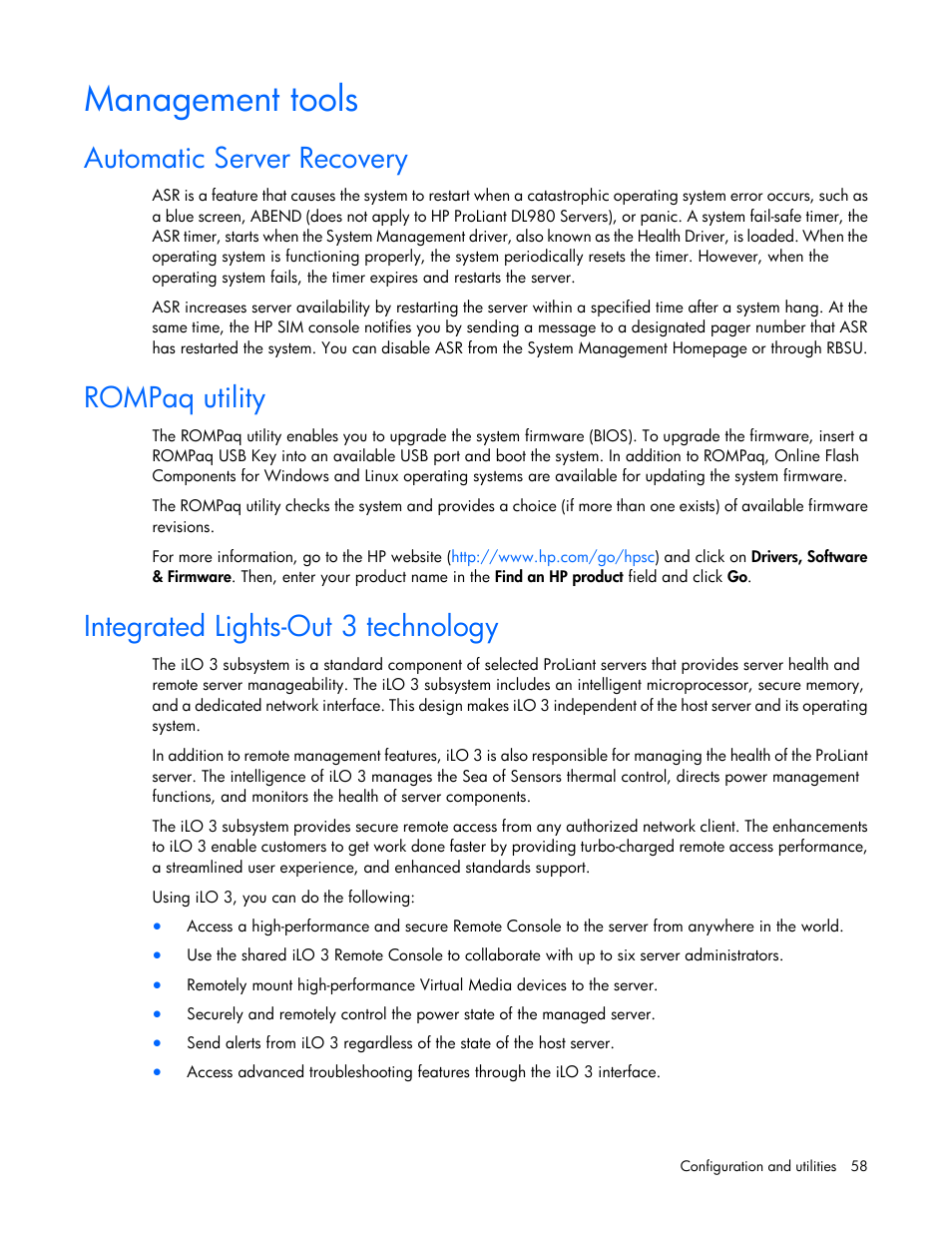 Management tools, Automatic server recovery, Rompaq utility | Integrated lights-out 3 technology | HP ProLiant DL120 G7 Server User Manual | Page 58 / 105