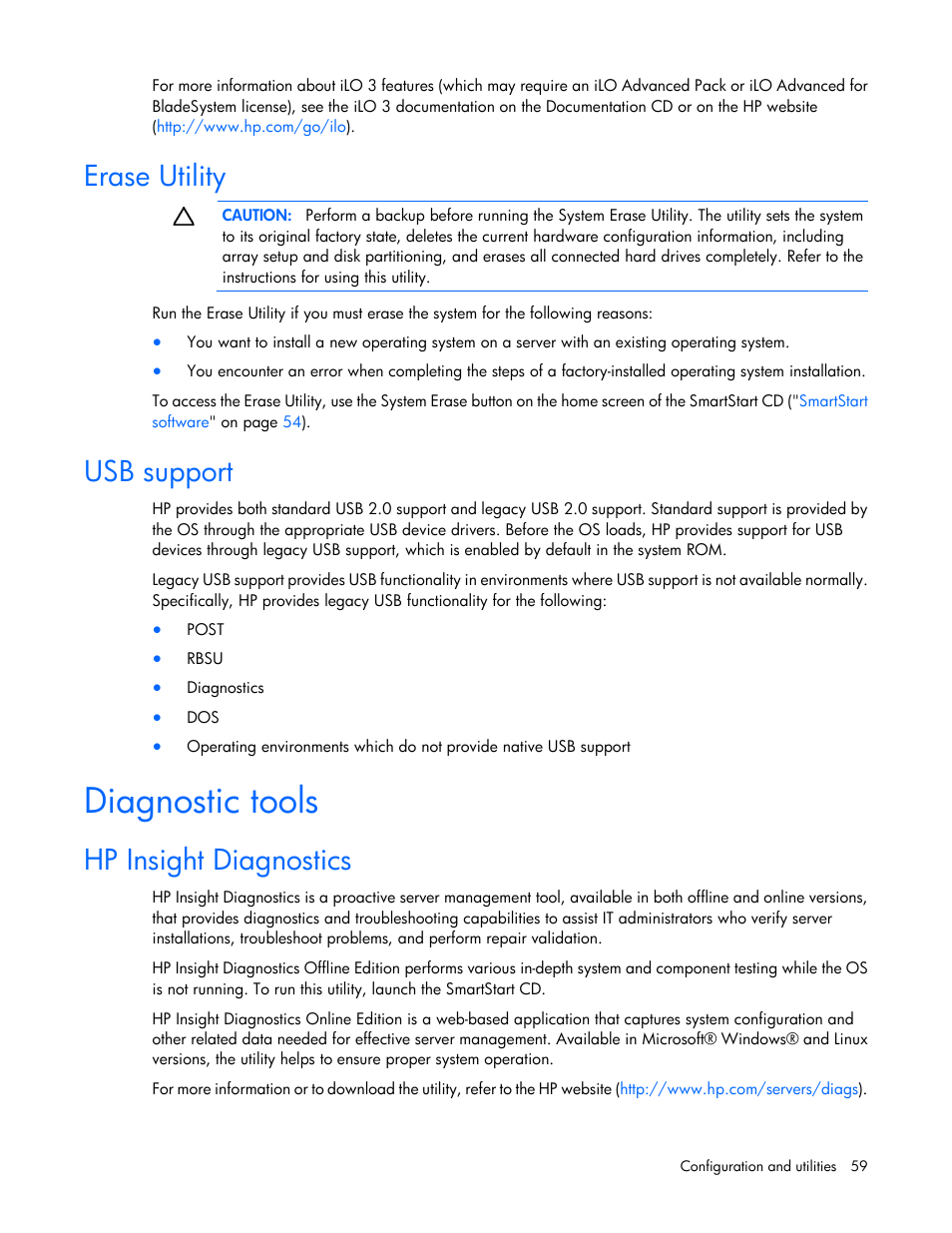 Erase utility, Usb support, Diagnostic tools | Hp insight diagnostics | HP ProLiant DL120 G7 Server User Manual | Page 59 / 105