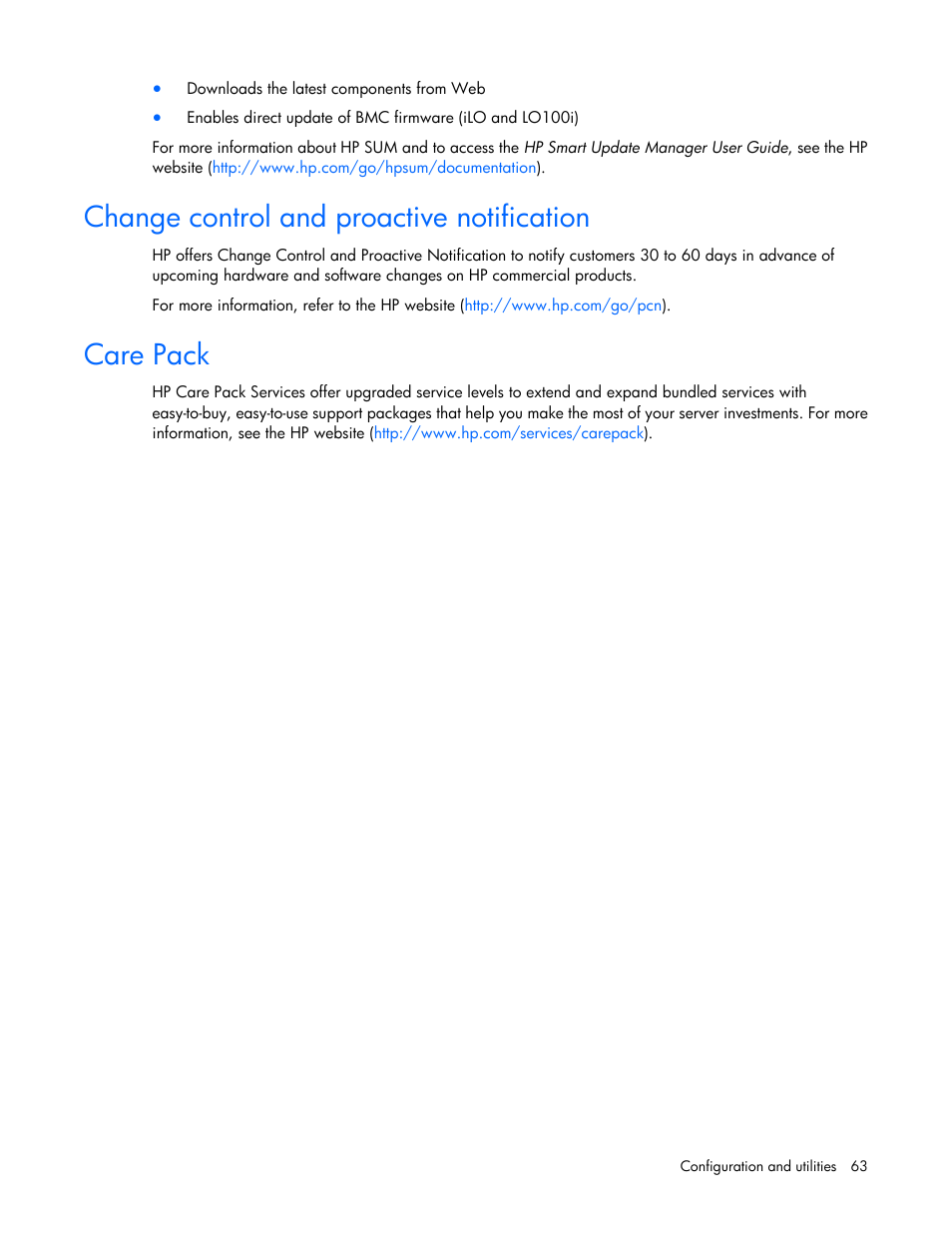 Change control and proactive notification, Care pack | HP ProLiant DL120 G7 Server User Manual | Page 63 / 105