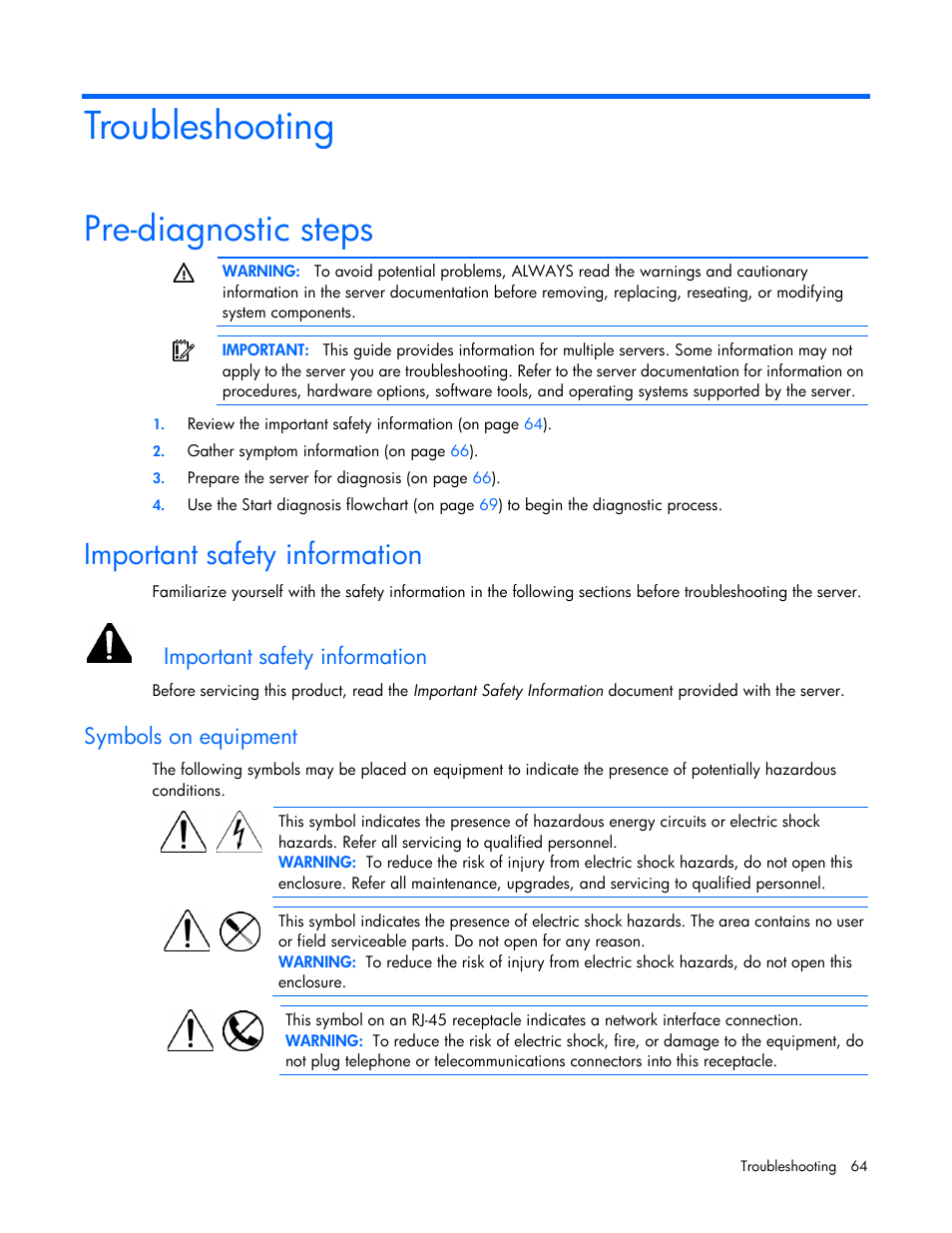 Troubleshooting, Pre-diagnostic steps, Important safety information | Symbols on equipment | HP ProLiant DL120 G7 Server User Manual | Page 64 / 105