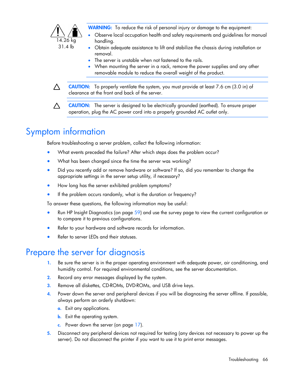 Symptom information, Prepare the server for diagnosis | HP ProLiant DL120 G7 Server User Manual | Page 66 / 105