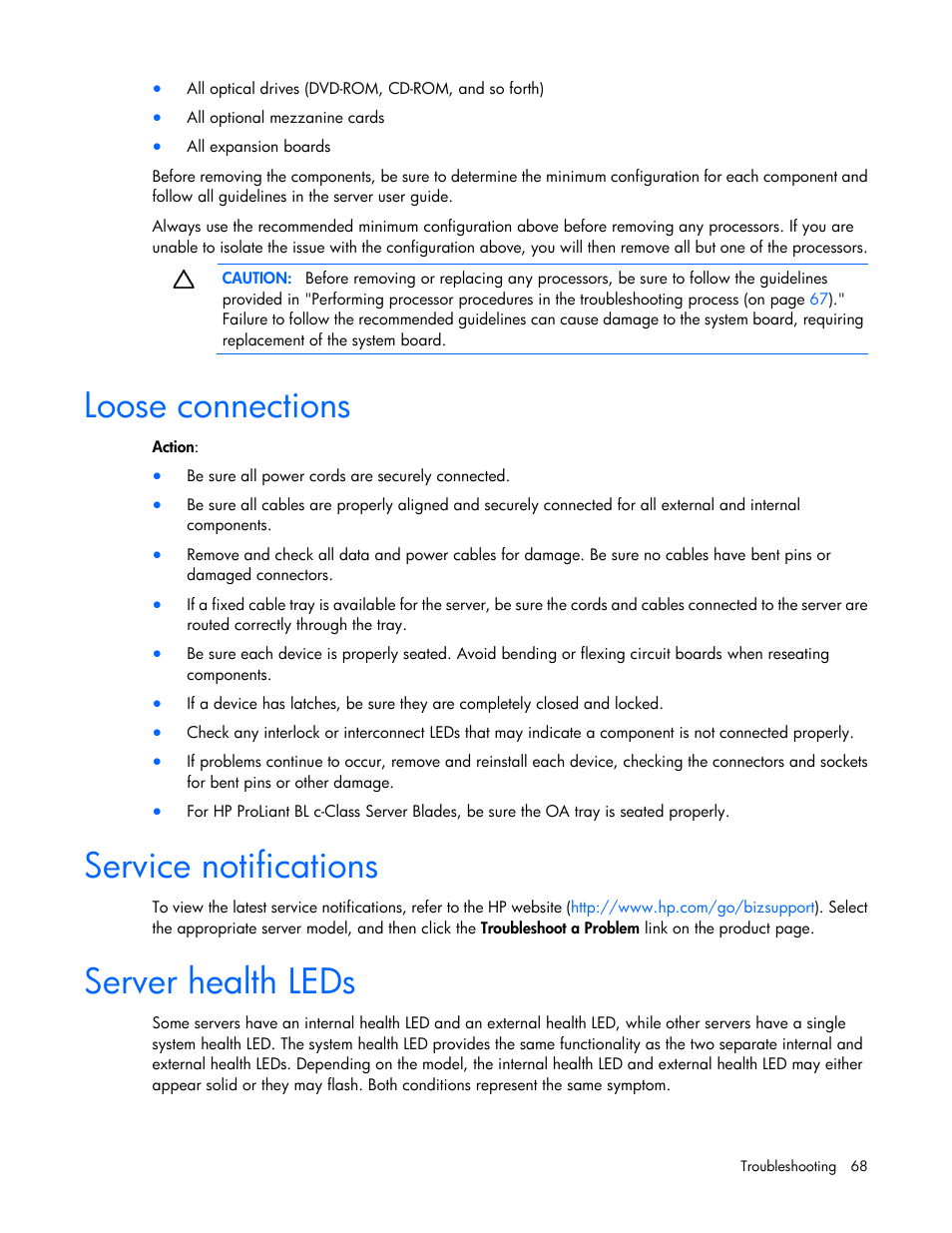 Loose connections, Service notifications, Server health leds | HP ProLiant DL120 G7 Server User Manual | Page 68 / 105