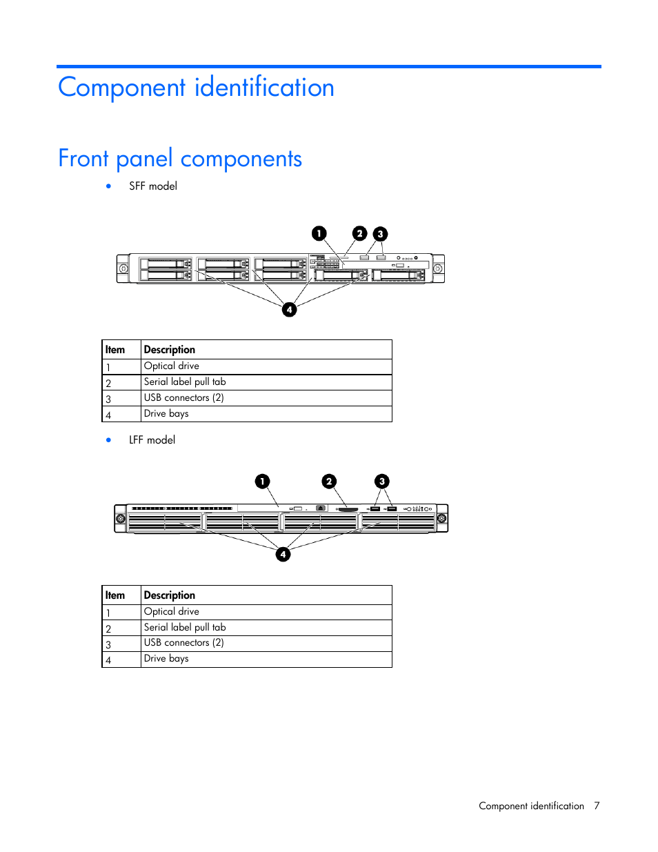 Component identification, Front panel components | HP ProLiant DL120 G7 Server User Manual | Page 7 / 105
