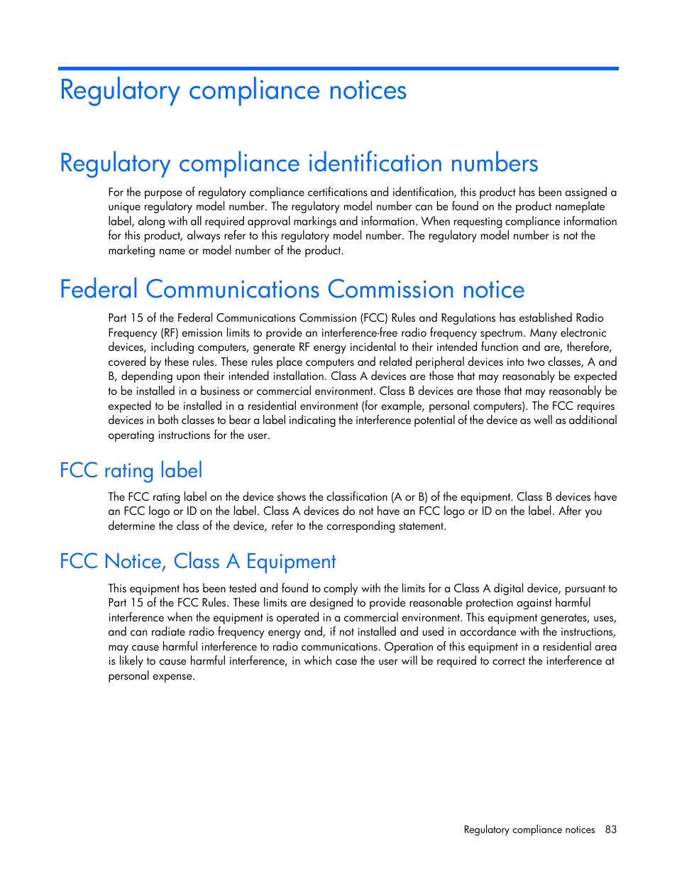 Regulatory compliance notices, Regulatory compliance identification numbers, Federal communications commission notice | Fcc rating label, Fcc notice, class a equipment | HP ProLiant DL120 G7 Server User Manual | Page 83 / 105