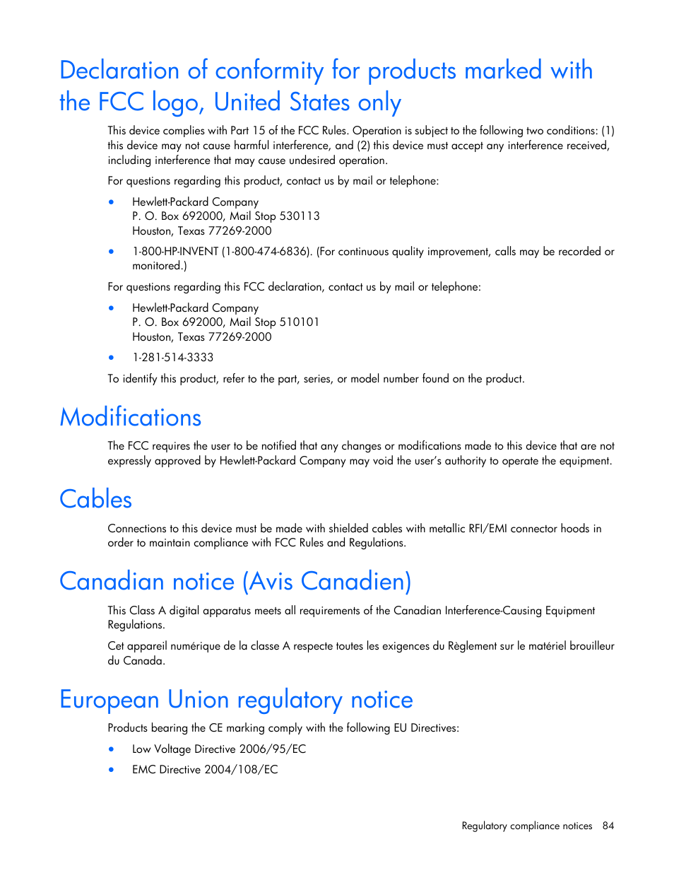Modifications, Cables, Canadian notice (avis canadien) | European union regulatory notice | HP ProLiant DL120 G7 Server User Manual | Page 84 / 105