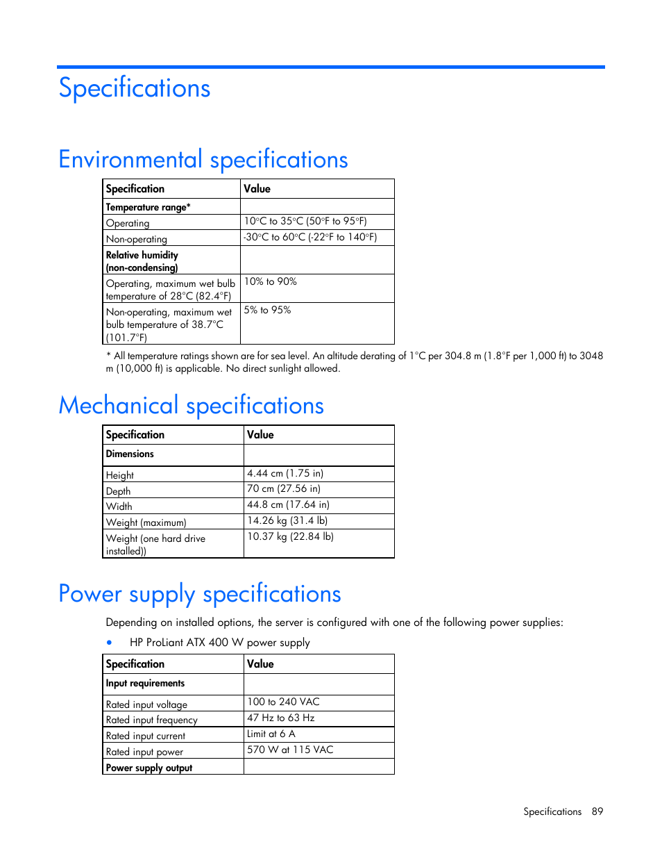 Specifications, Environmental specifications, Mechanical specifications | Power supply specifications | HP ProLiant DL120 G7 Server User Manual | Page 89 / 105