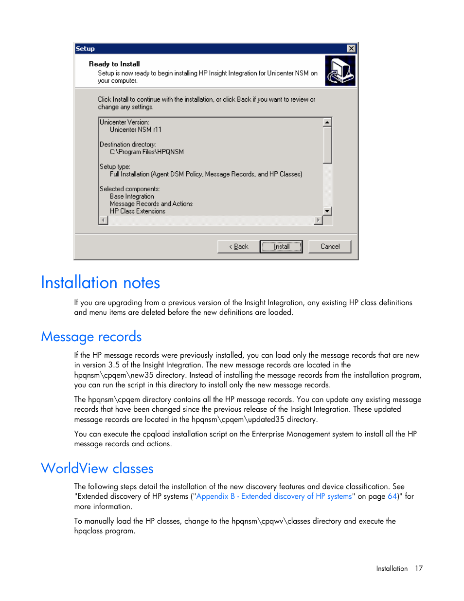 Installation notes, Message records, Worldview classes | Message records worldview classes | HP Insight Control User Manual | Page 17 / 85