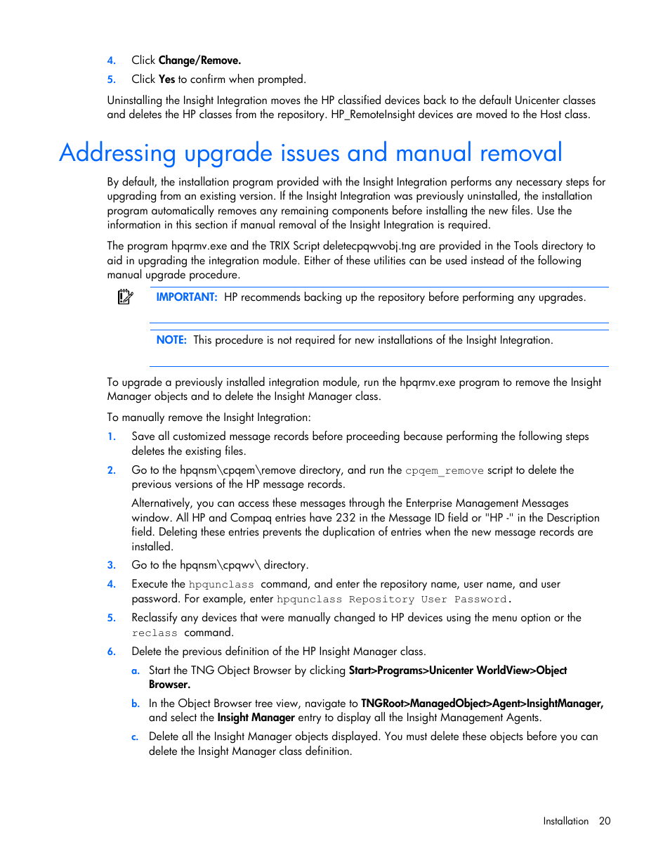 Addressing upgrade issues and manual removal | HP Insight Control User Manual | Page 20 / 85