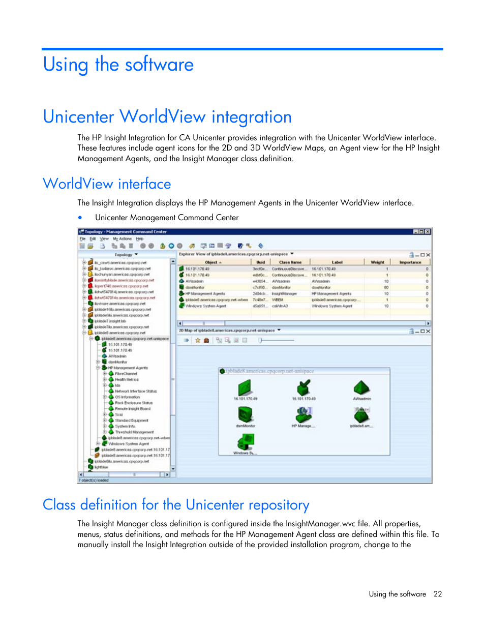 Using the software, Unicenter worldview integration, Worldview interface | Class definition for the unicenter repository | HP Insight Control User Manual | Page 22 / 85