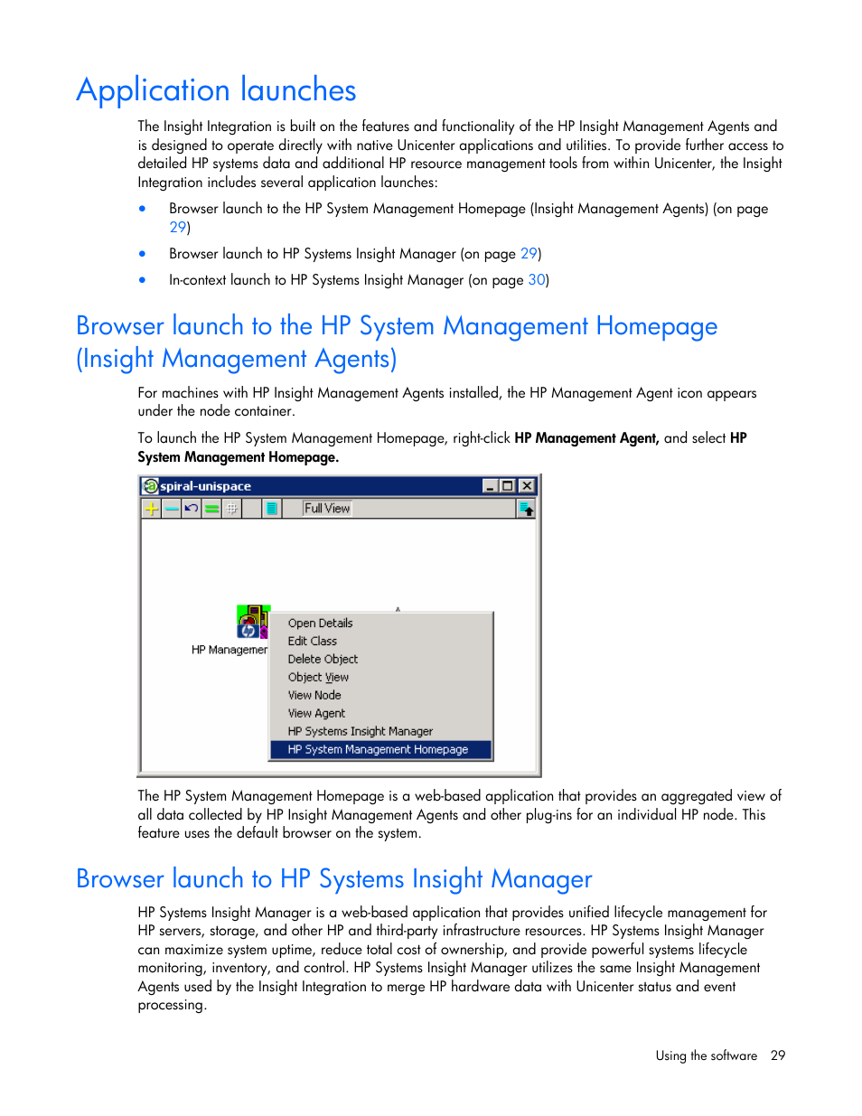 Application launches, Browser launch to hp systems insight manager | HP Insight Control User Manual | Page 29 / 85