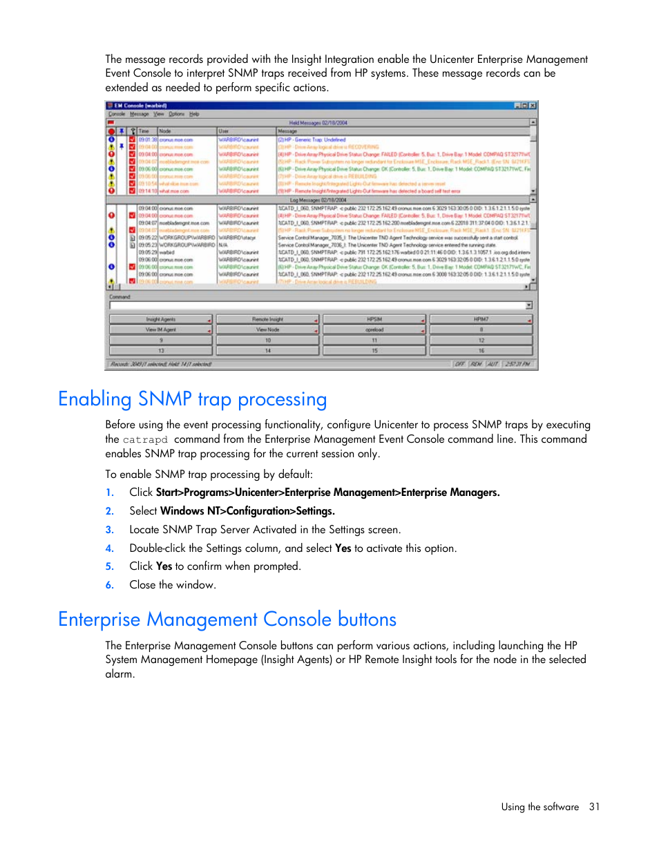 Enabling snmp trap processing, Enterprise management console buttons | HP Insight Control User Manual | Page 31 / 85