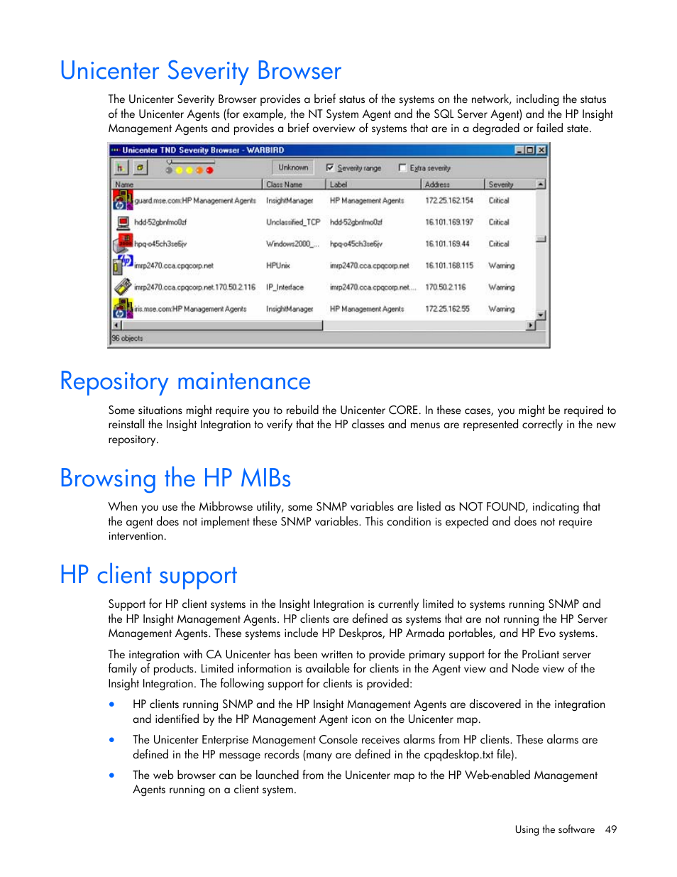 Unicenter severity browser, Repository maintenance, Browsing the hp mibs | Hp client support | HP Insight Control User Manual | Page 49 / 85