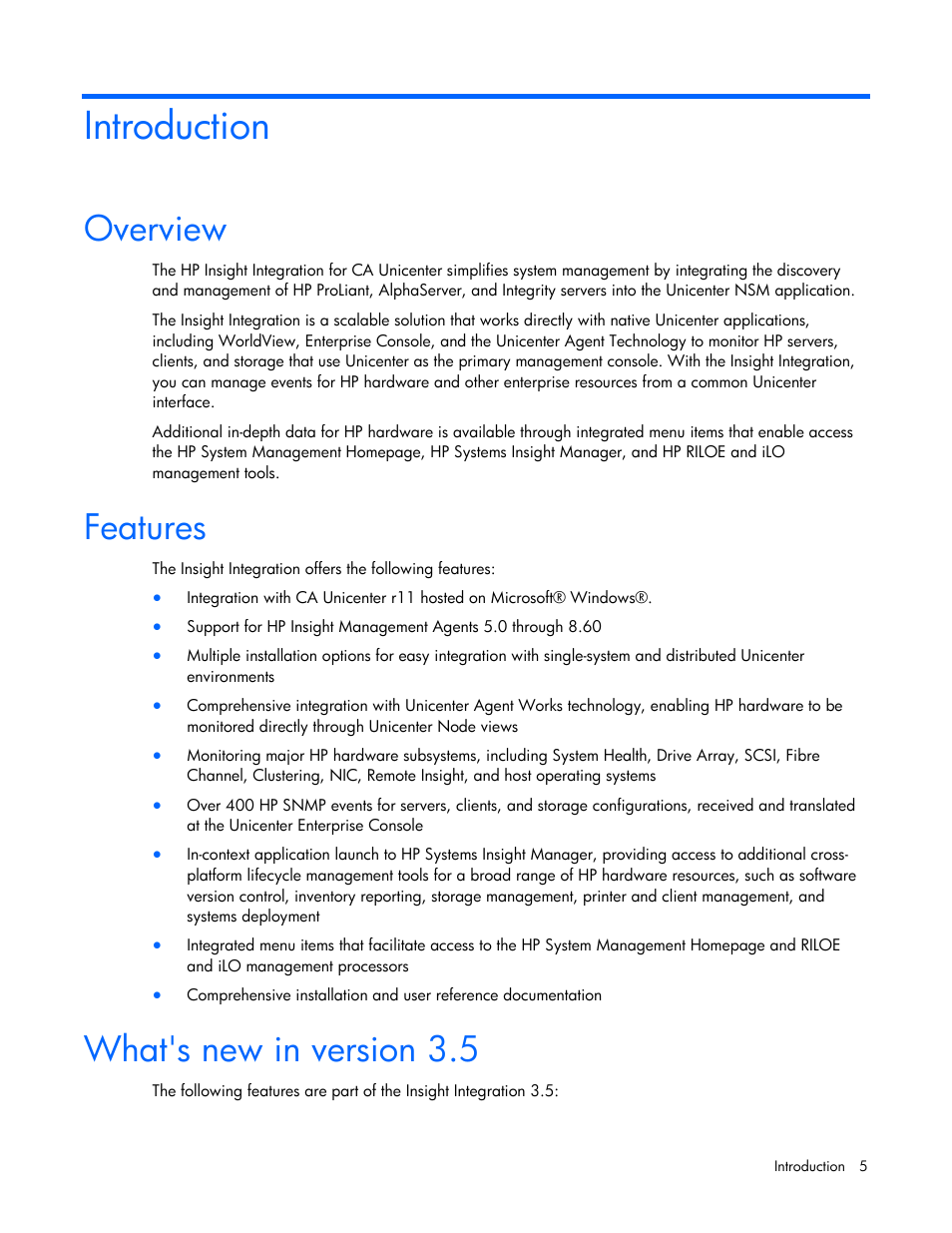 Introduction, Overview, Features | What's new in version 3.5, Overview features what's new in version 3.5 | HP Insight Control User Manual | Page 5 / 85