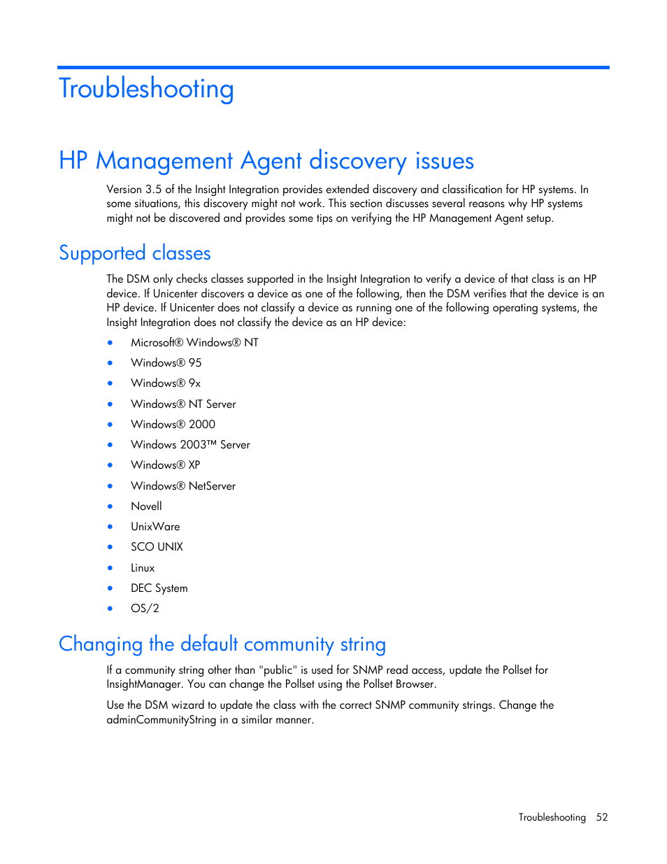 Troubleshooting, Hp management agent discovery issues, Supported classes | Changing the default community string | HP Insight Control User Manual | Page 52 / 85