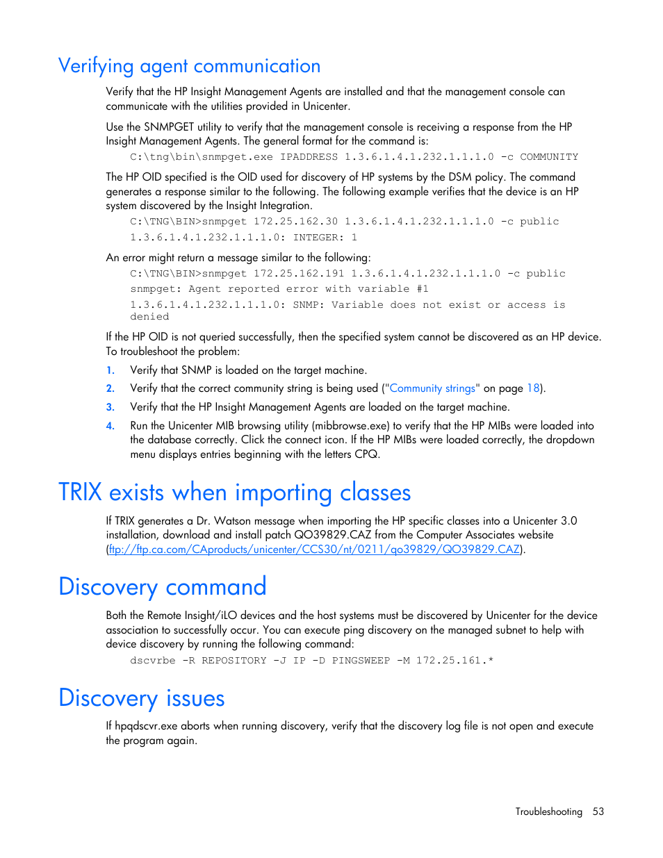 Verifying agent communication, Trix exists when importing classes, Discovery command | Discovery issues | HP Insight Control User Manual | Page 53 / 85