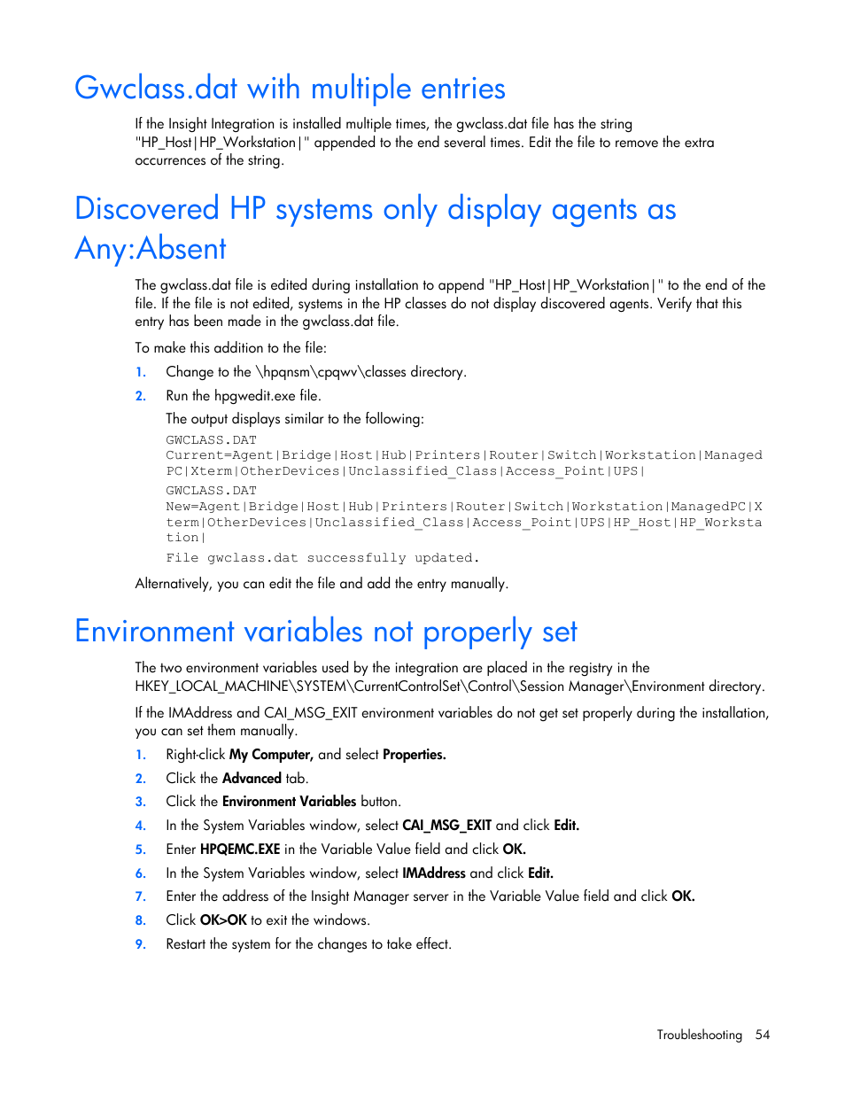 Gwclass.dat with multiple entries, Environment variables not properly set | HP Insight Control User Manual | Page 54 / 85