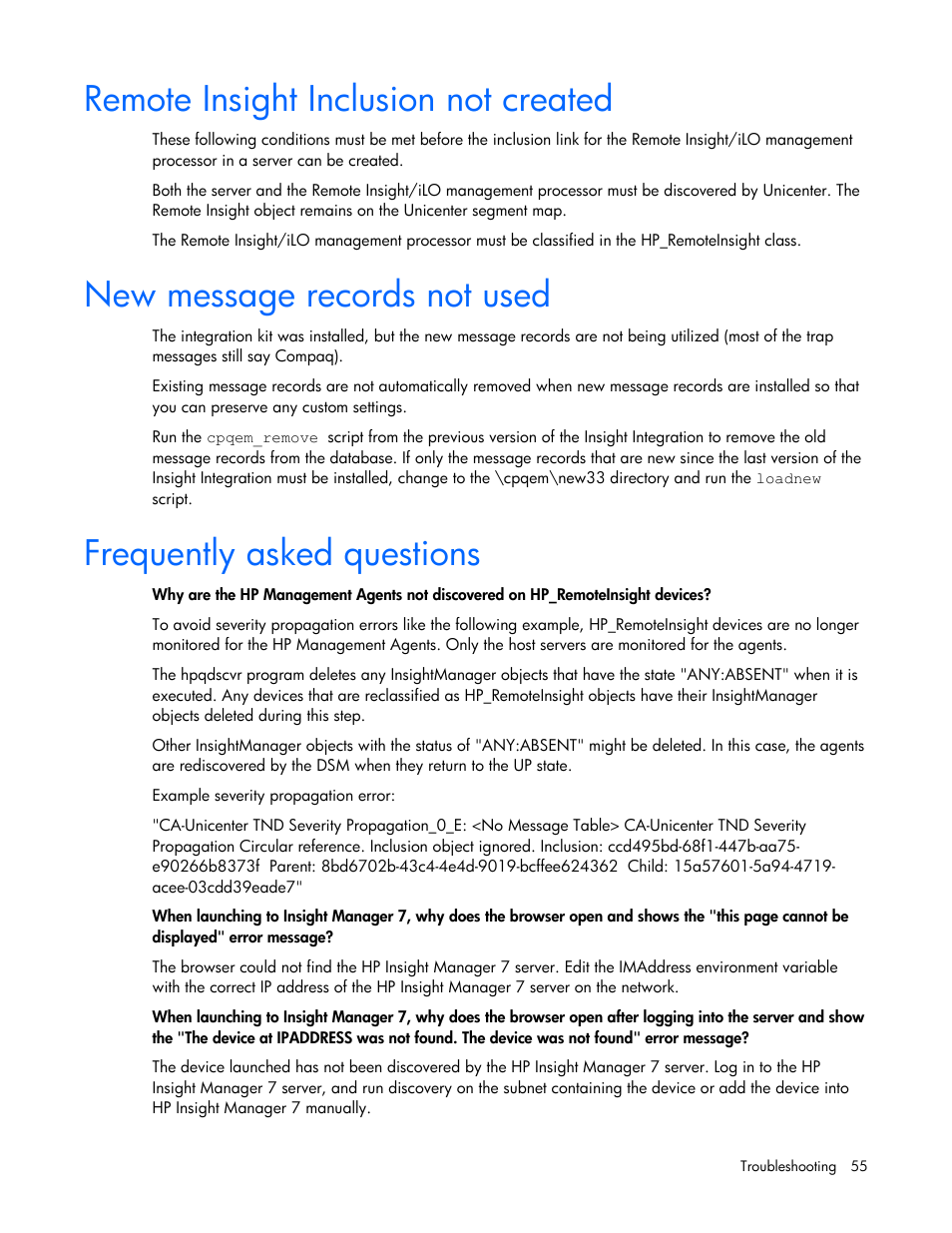 Remote insight inclusion not created, New message records not used, Frequently asked questions | HP Insight Control User Manual | Page 55 / 85