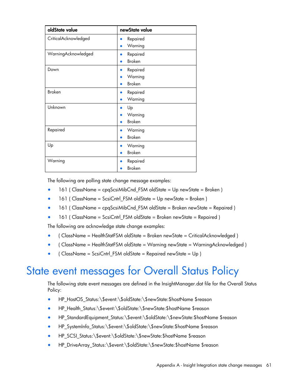 State event messages for overall status policy | HP Insight Control User Manual | Page 61 / 85