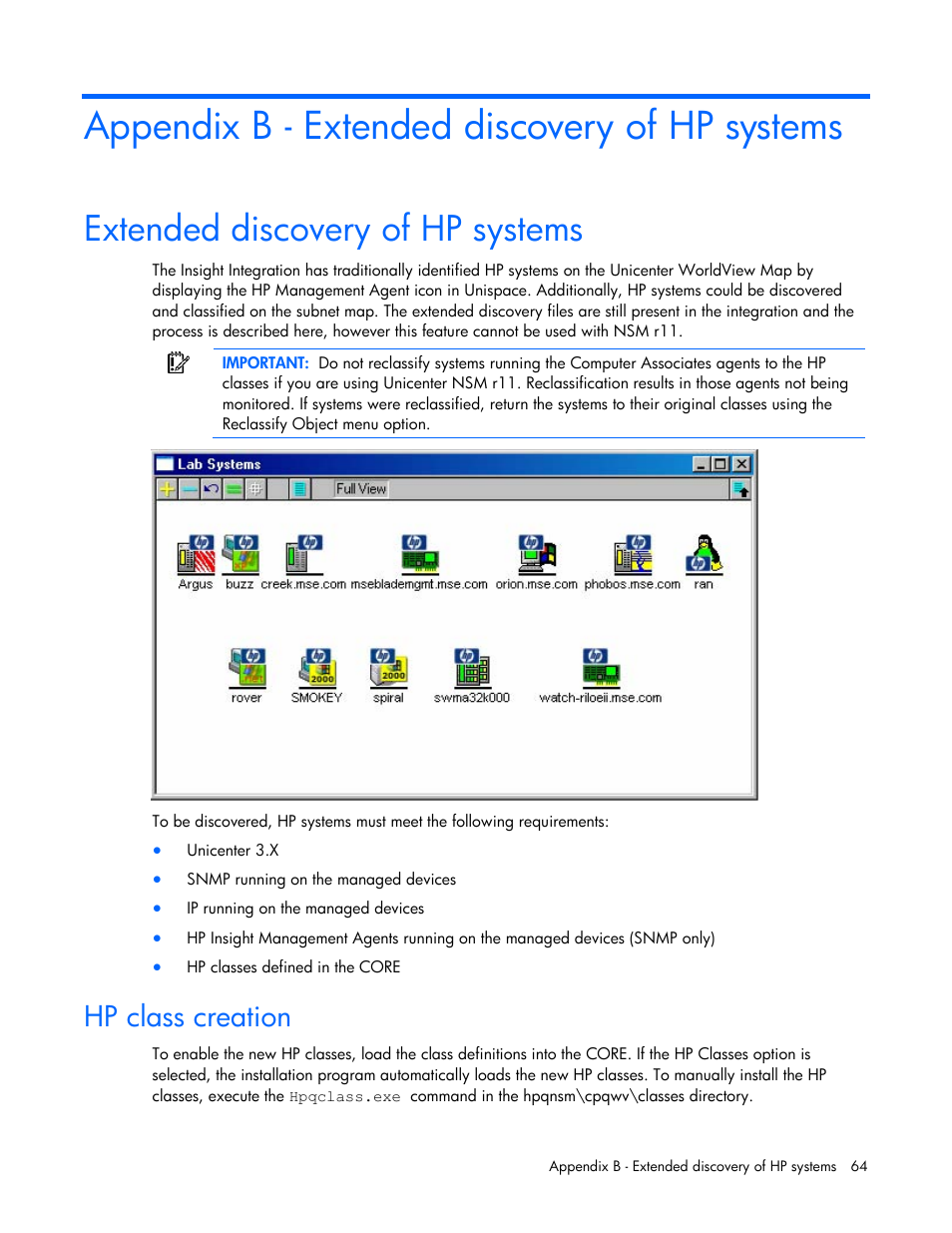 Appendix b - extended discovery of hp systems, Extended discovery of hp systems, Hp class creation | HP Insight Control User Manual | Page 64 / 85