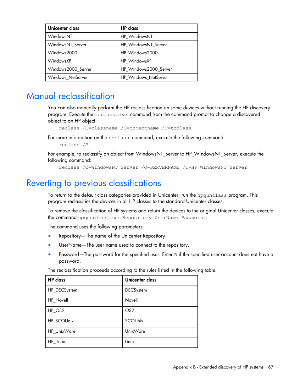 Manual reclassification, Reverting to previous classifications | HP Insight Control User Manual | Page 67 / 85
