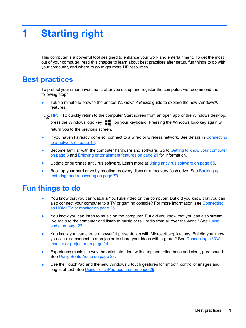 Starting right, Best practices, Fun things to do | 1 starting right, Best practices fun things to do, 1starting right | HP ENVY m6-1148ca Notebook PC User Manual | Page 11 / 92