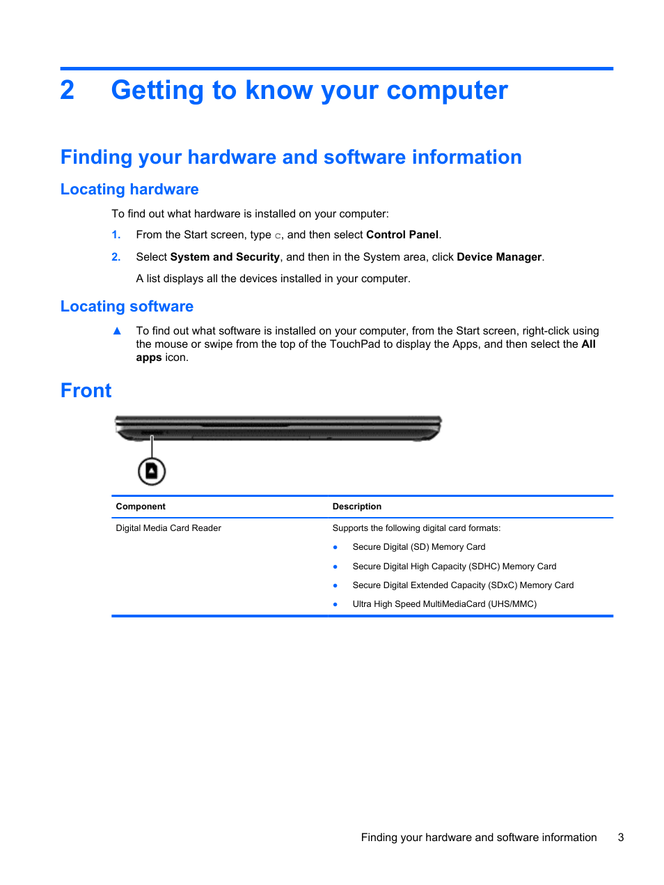 Getting to know your computer, Finding your hardware and software information, Locating hardware | Locating software, Front, 2 getting to know your computer, Locating hardware locating software, 2getting to know your computer | HP ENVY m6-1148ca Notebook PC User Manual | Page 13 / 92